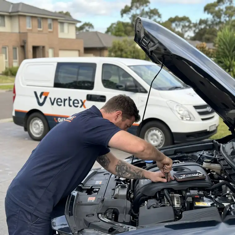 Vertex mechanic carrying out a service under the bonnet