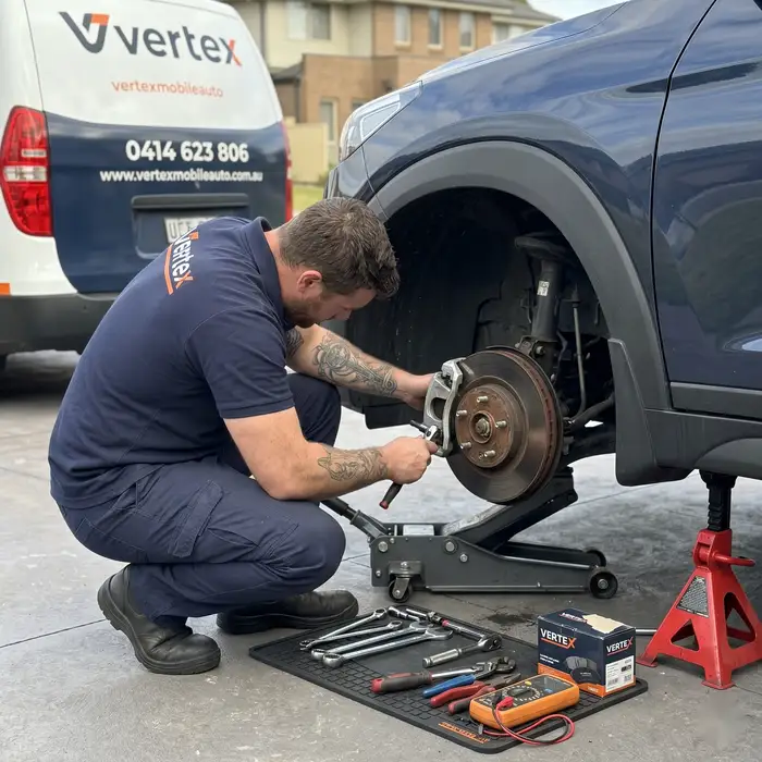 Vertex mechanic carrying out a brake repair in a driveway