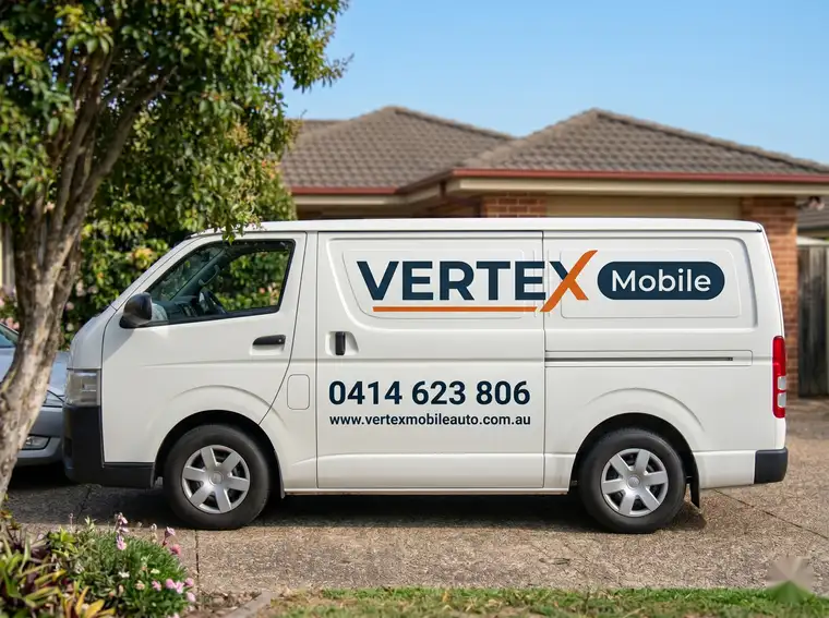 The signed Vertex Mobile service van parked outside a home